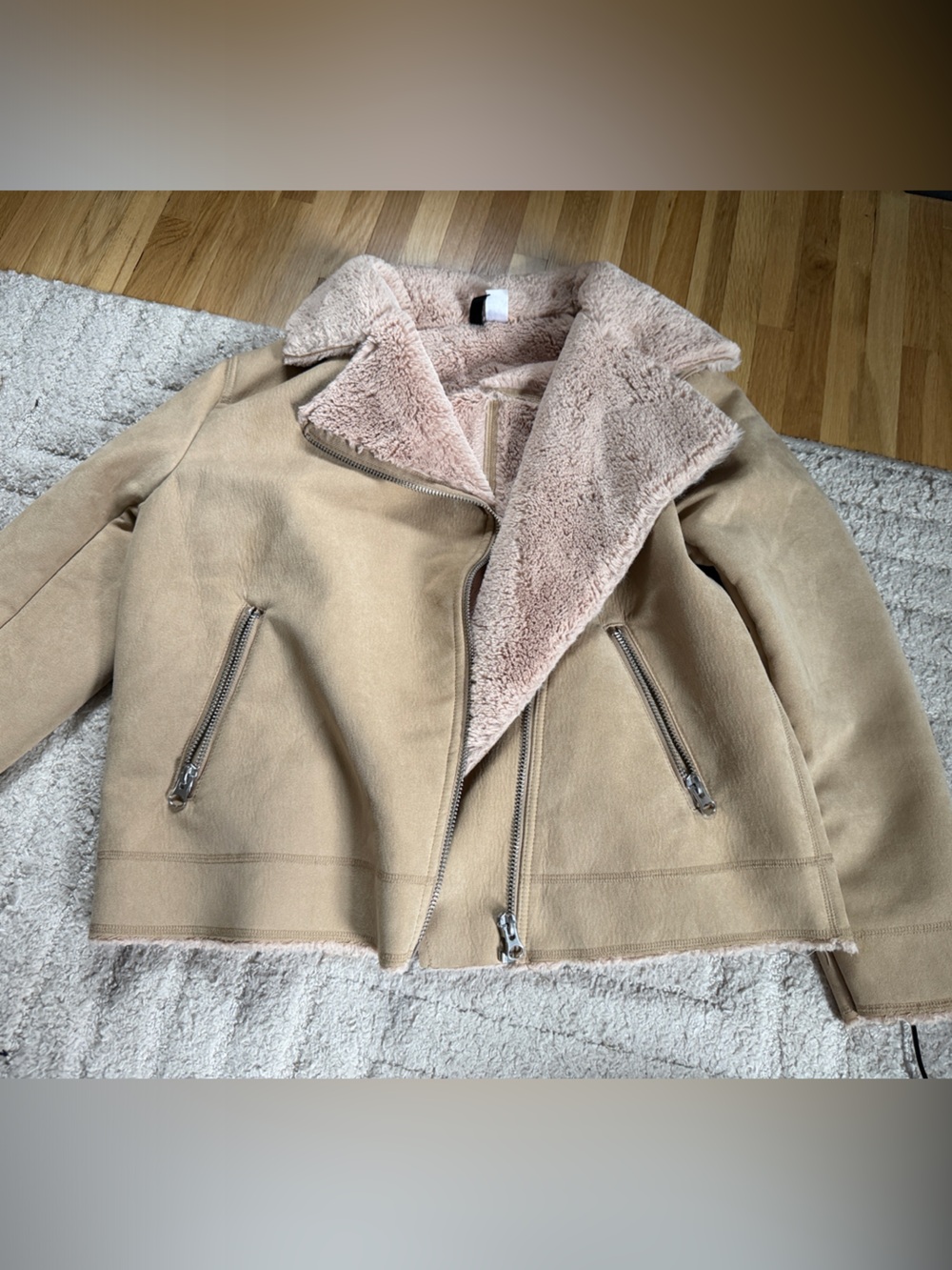 H&M Beige Faux Suede Teddy-Lined Moto Jacket